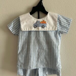 Lulu Bebe 12mo Gingham 2-Piece Set with Embroidered Pumpkin Truck Collar